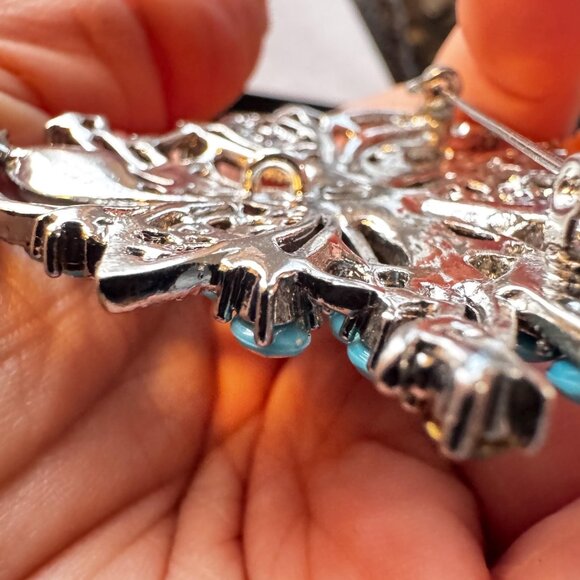 Turquoise Cluster Brooch Pendant Large Floral Gold Tone Statement Pin 2.25 inch - Picture 6 of 7